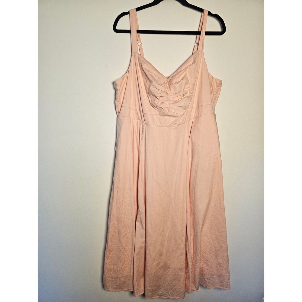 Cottagecore Torrid Ruched Midi Dress Womens 2 Peach Pink Pockets Smocked Back